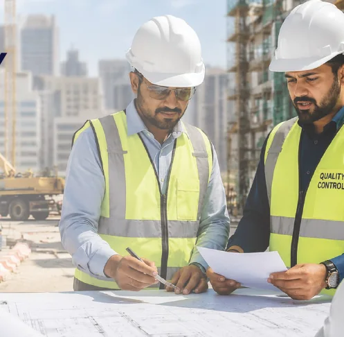 Quality control engineers reviewing documents on site