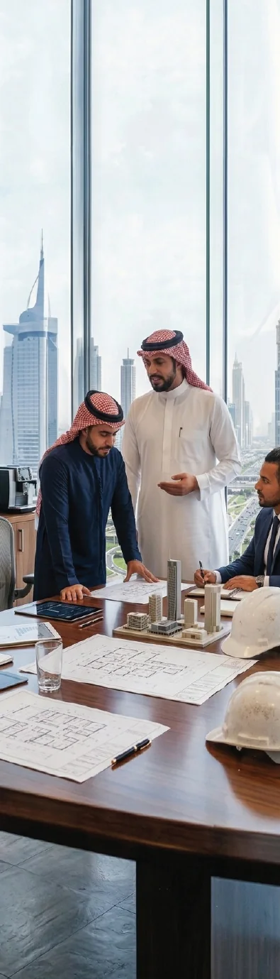 ISHA team planning a project with an architectural model