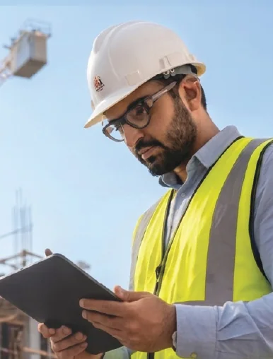 ISHA site engineer reviewing plans on a tablet